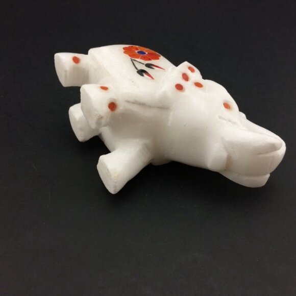 White Marble Elephant Figurine with Stone Inlay Floral Motif Trunk Up Handmade - Picture 7 of 16